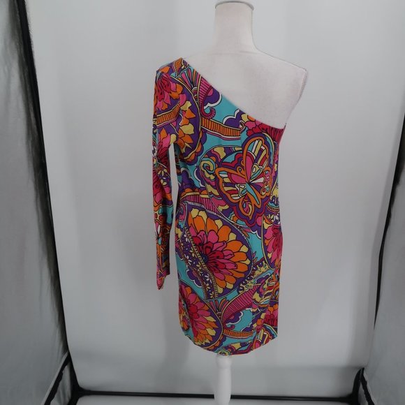 Lilly Pulitzer One Shoulder Floral Bodycon Dress Size Large 70's Vibes - Picture 9 of 13